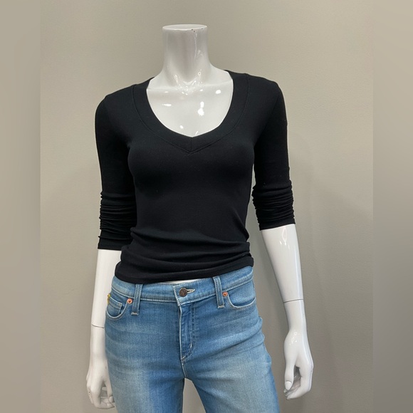 perfectwhitetee Tops - Perfectwhitetee Viola Ribbed Cotton Black Long Sleeve V-Neck Top Made In The USA